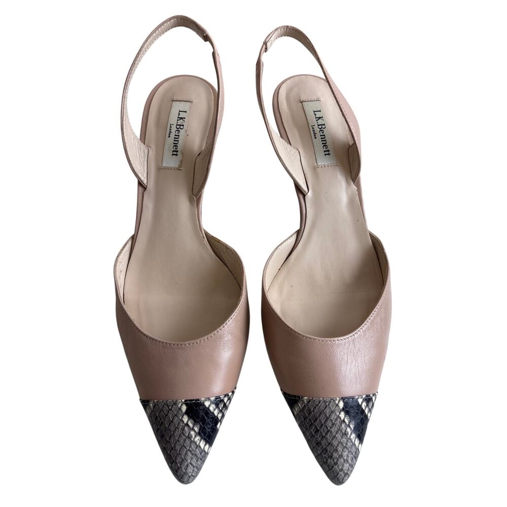L.K. Bennett London EU39.5 Nude Leather Slingback Heels Snakeskin Cap Toe Spain